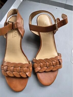Michael Shannon Brown Leather Wedge Sandals with Braided Front Strap 7
